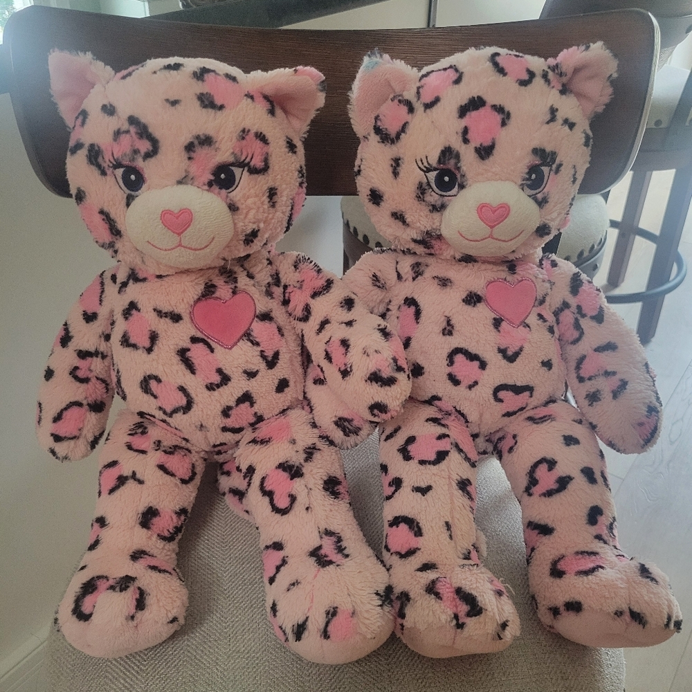 'TWO' BUILD A BEAR PINK LEOPARD PRINT CAT STUFFED ANIMALS